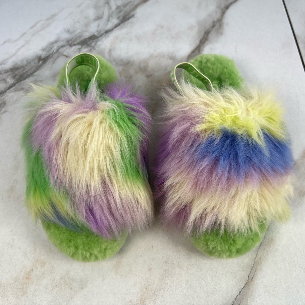 UGG Fluff Yeah Green Tie Dye Faux Fur Sheepskin Slingback Slides Slippers, Sz 6 - Picture 7 of 16